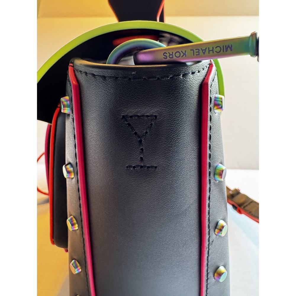 NEW MICHAEL KORS MANHATTAN BLACK OIL SLICK NEON SATCHEL SCHOOL BAG CROSSBODY - Picture 5 of 7